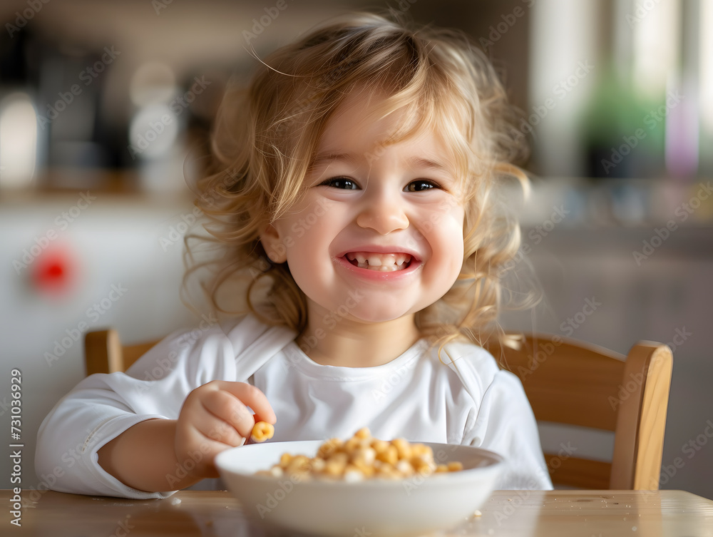 Caucasian Toddler Girl Having Cereal Breakfast Caucasian Toddler Girl Having Cereal Breakfast