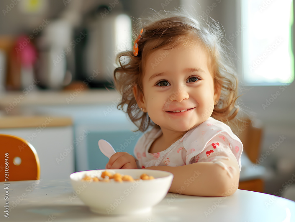 Caucasian Toddler Girl Having Cereal Breakfast