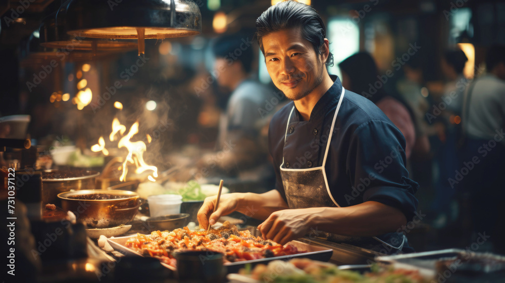 The chef of an Asian restaurant prepares seafood, fries fish. Close-up, dynamic shot.