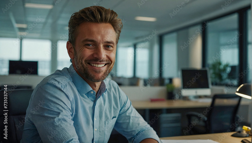 portrait of happy businessman sitting at his desk in a modern office looking at the camera