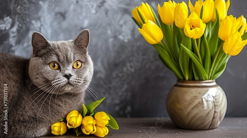 Beautiful  British cat and yellow bright tulips in a vase on a gray background