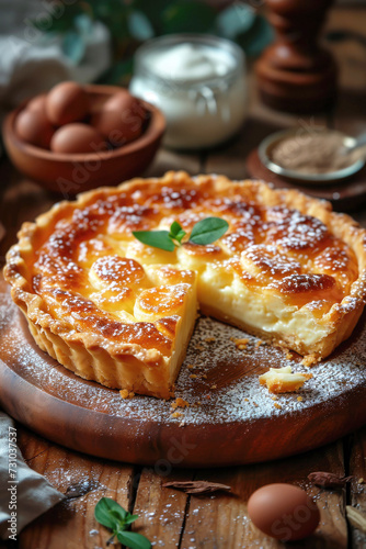 Close-up of homemade pastries, cottage cheese pie, tart on a wooden table.