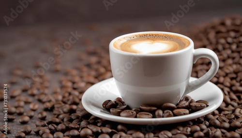 white small cup of coffee espresso background of scattered beans