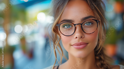 Portrait of a beautiful young woman in eyeglasses, indoor
