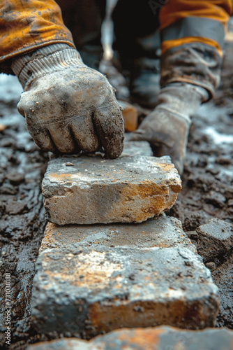 Construction worker laying bricks on a construction site, close-up. Home construction. © Katerina Bond