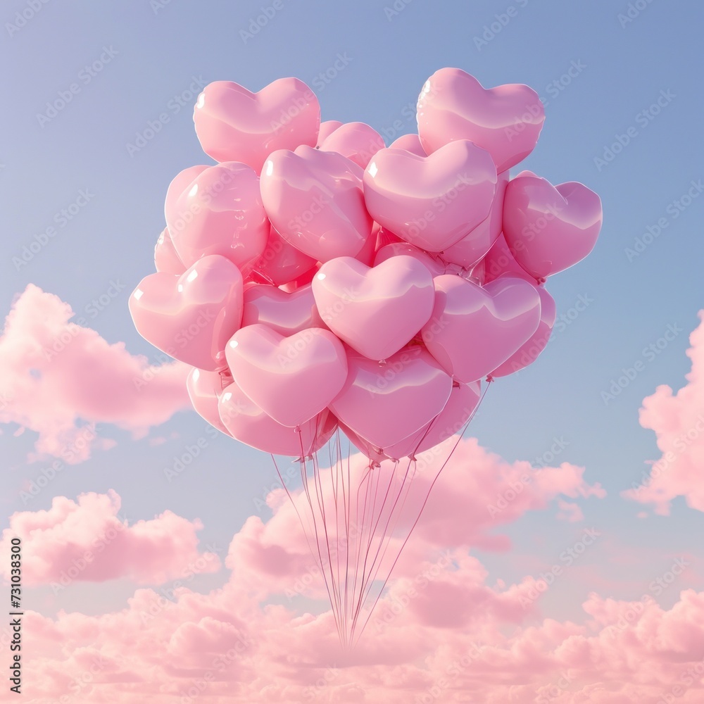 Balloons in the shape of a symbol of love fly into the clouds in all pink with reflections of sunlight with the theme of the concept of love, affection, femininity, giving, blogs etc. Generative Ai