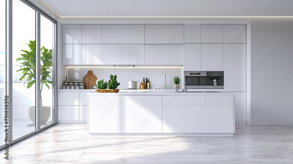Beautiful cozy white kitchen with furniture and window Beautiful cozy white kitchen with furniture and window