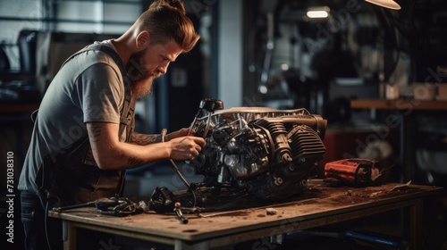 A garage setup with a technician cleaning and polishing engine components