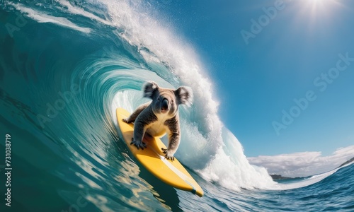 Humorous panda surfing on sunny waves, ideal for travel and vacation advertising, promoting surfing gear, and creating a lively summer events atmosphere.