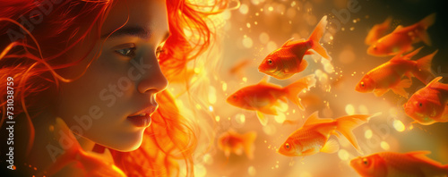 dreamlike serenity orange glow of a surreal underwater scene surrounded by goldfish photo