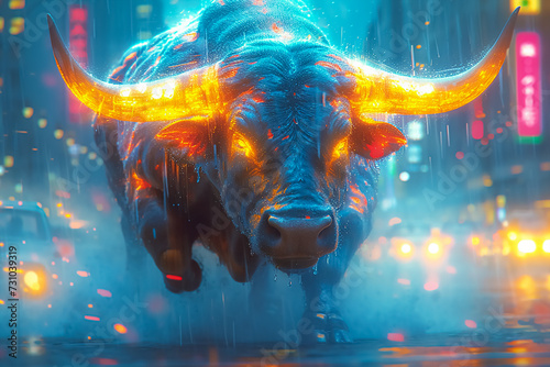 crazy creative ''Bull Run'', muscular abstract ANTHROPOMORPHIC bull running, crowded background