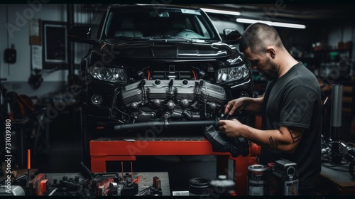 A garage setup with an engineer overhauling the entire engine