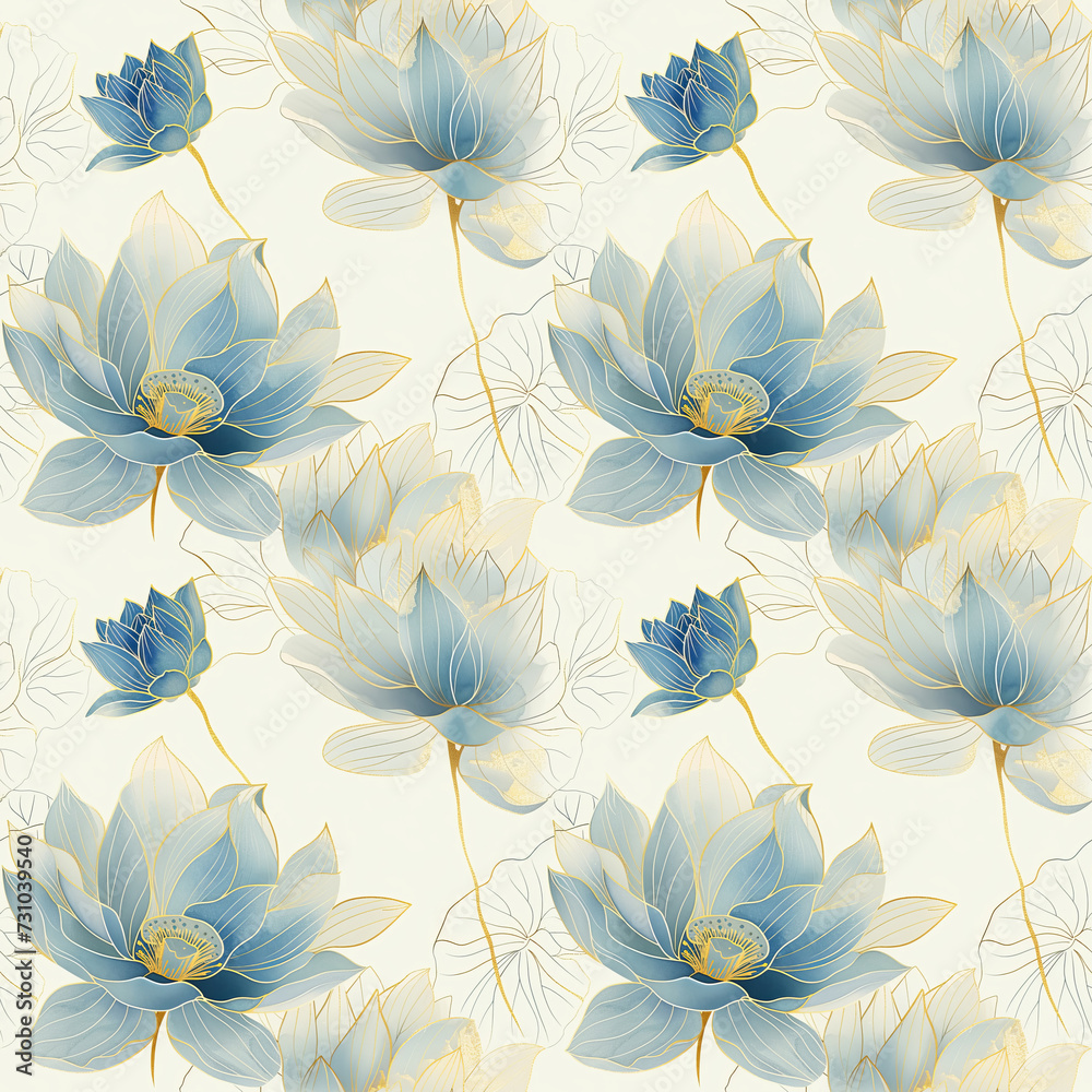 Fototapeta premium Watercolor seamless pattern with beautiful lotus flowers on pastel backgorund