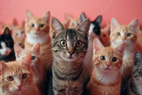 A captivating close-up of a diverse group of kittens, showcasing their unique patterns and colors against a soft pink background. Generative ai