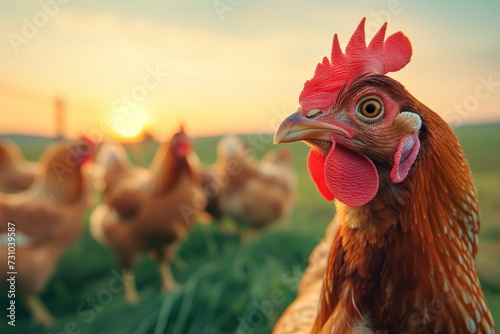 A close-up of a free-range chicken basking in the golden sunrise on a farm, with other chickens in the background. Generative ai
