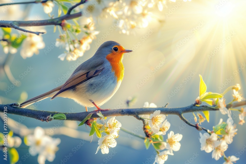 a robin bird perched on a spring blooming tree branch. Generative ai a robin bird perched on a spring blooming tree branch. Generative ai