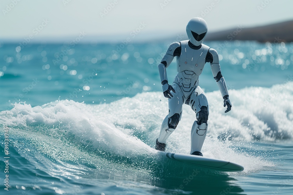 Naklejka premium A whimsical and futuristic scene featuring a robot android skillfully surfing on the waves. Generative ai