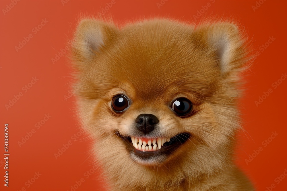 Smiling Pomeranian Dog Portrait against an orange backdrop. Generative ai
