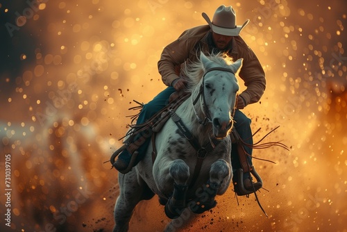 a cowboy in action, skillfully riding a horse during a rodeo event. Generative ai © Andrii