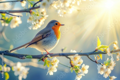 a robin bird perched on a spring blooming tree branch. Generative ai