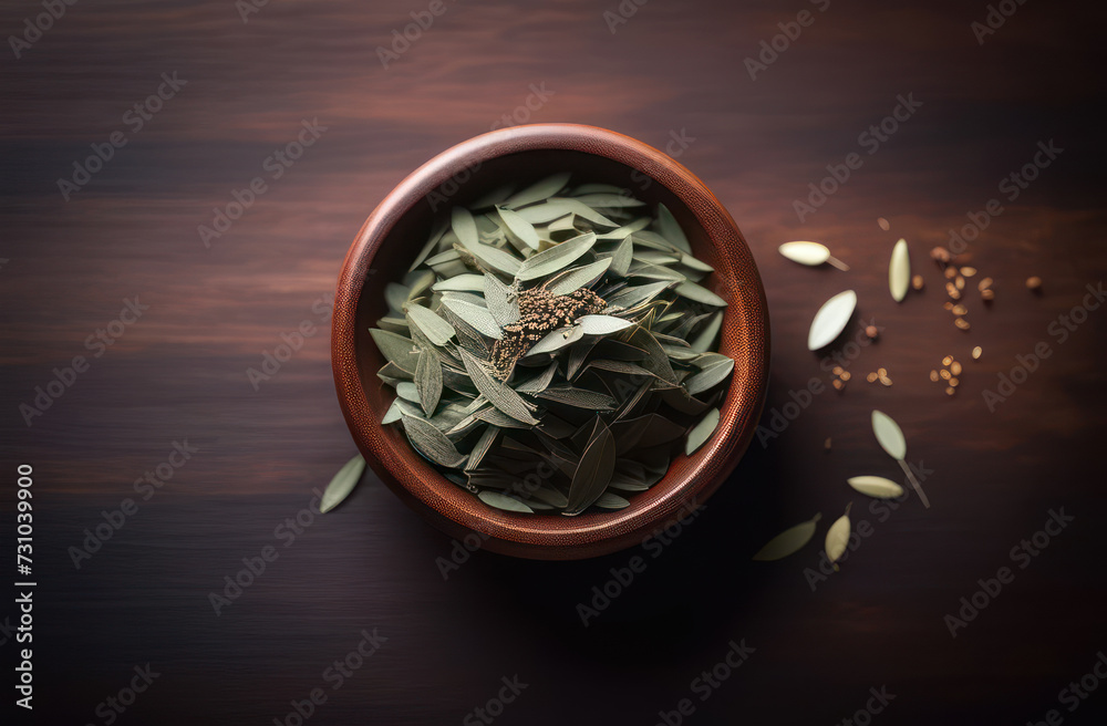 traditional herb for chinese medicine in a bowl, top view