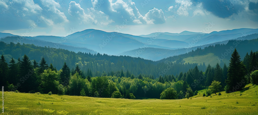 Beautiful green mountains with pine trees and fog, landscape, beautiful screensaver