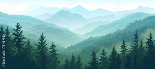 Beautiful green mountains with pine trees and fog, landscape, beautiful screensaver © Taisiia