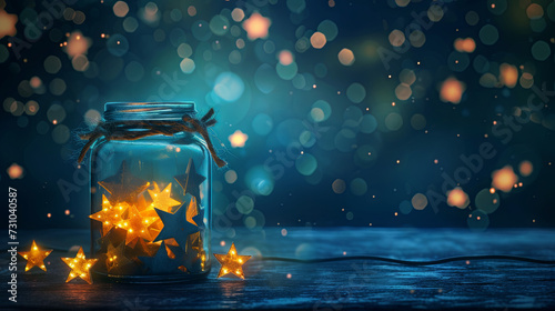 Dreams and stars in jar, concept of wish fulfillment, blue background © Taisiia