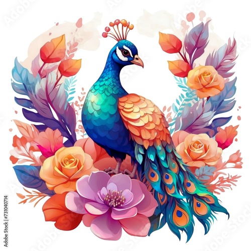 Watercolor illustration portrait of a cute adorable peacock bird with flowers on isolated white background. © AkosHorvathWorks