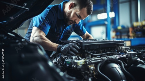 A technician connecting diagnostic equipment to read engine codes photo