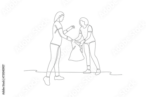 Continuous one line drawing Volunteer concept. Doodle vector illustration.