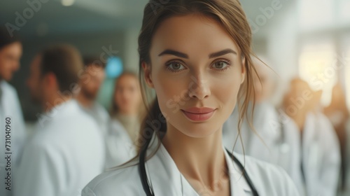 Attractive female doctor in front of medical group