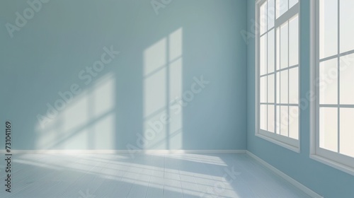 Minimalistic light pastel blue empty room interior with light through the window