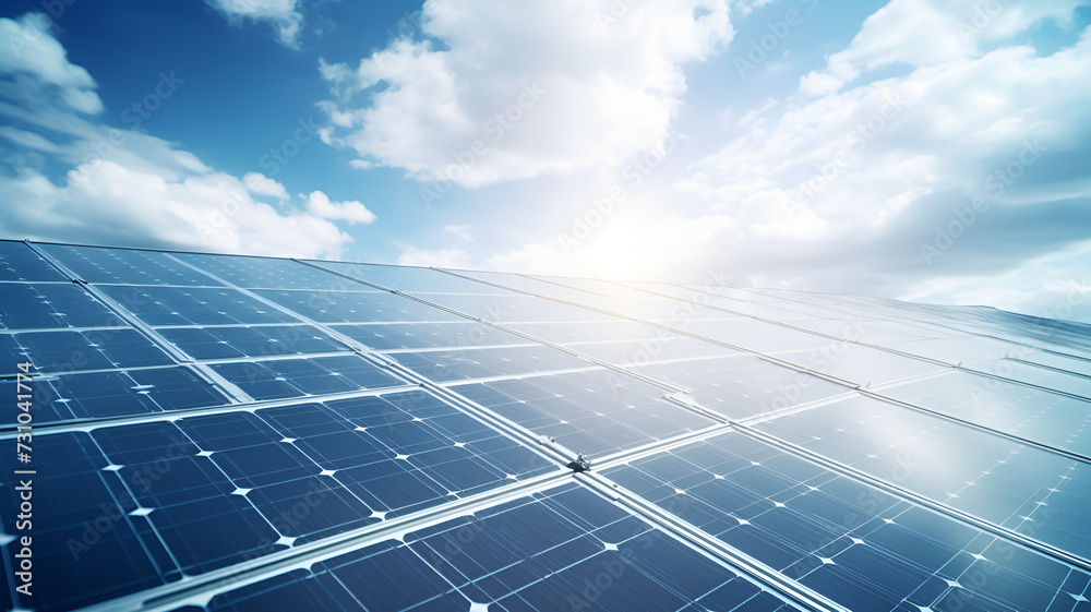 Solar cell panels on the rooftop of the buidling in countryside, sunset background. Soft and selective focus.