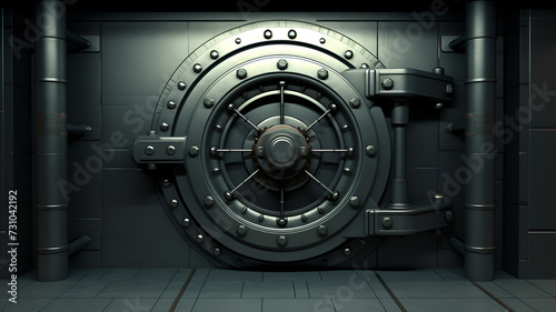 A 3D-rendered photorealistic image showcases a large and heavy bank vault door, symbolizing security for money and valuables.