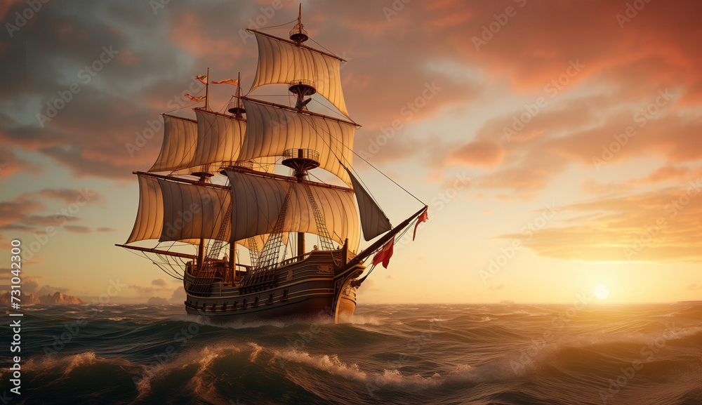 galleon with masts and sails crossing the sea with waves at dusk with a sunset in the background. Wallpaper of a historical ship traveling in search of conquests and adventures