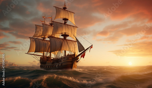 galleon with masts and sails crossing the sea with waves at dusk with a sunset in the background. Wallpaper of a historical ship traveling in search of conquests and adventures © Domingo