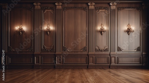Premium style an empty room with wooden boiserie on the wall, featuring walnut wood panels.