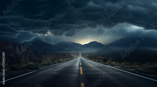 Straight road of old asphalt with painted yellow lines, and a landscape on the horizon with mountains under the dark and cloudy sky of a lightning storm photo