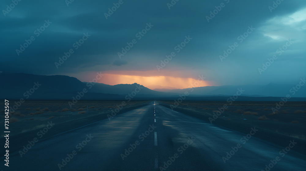 Straight road in the middle of a solitary plain, with mountains in the background and the golden light of the sunset between a dark sky clouded with gray clouds. Individual endless journey in solitude