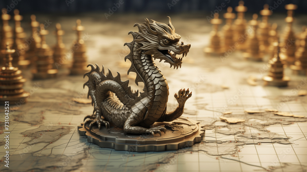 Fototapeta premium Detailed silver dragon figurine roars amidst a strategic game of chess, set on an intricate world map board