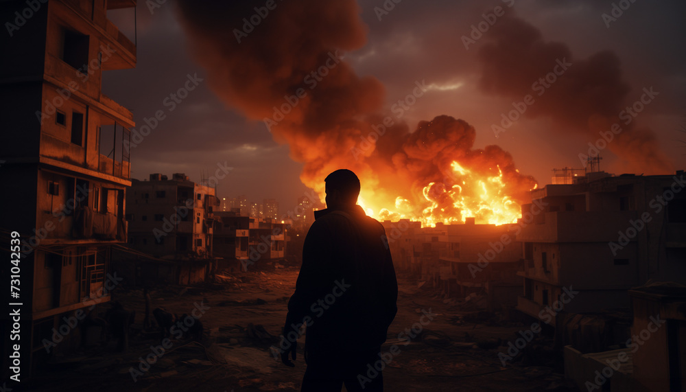 Silhouette of a man facing away, observing a war-torn city ablaze with fire and black smoke billowing from buildings. Dramatic scene at night