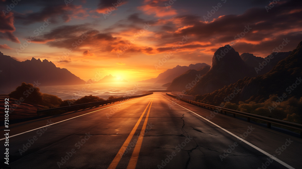 Straight asphalt road with a sunset in the golden hour, the sea on one side, mountains on the other, and clouds in the sky. Enjoyable car drive symbolizing freedom in a lovely landscape on the horizon