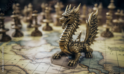 A detailed metal dragon chess piece on a world map-themed chessboard photo
