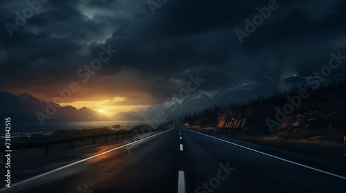 Serene highway journey at sunset, with dark clouds above, the golden sun setting over a tranquil lake, and majestic mountains in the distance © Domingo