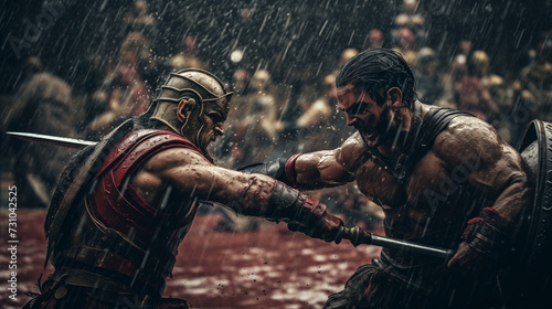Bloody fight between a gladiator and a Roman soldier in the rain of a storm. Epic and historical scene of slave rebellion against the oppressive empire to get freedom. War wallpaper. photo
