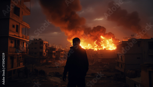Silhouette of a man facing away  observing a war-torn city ablaze with fire and black smoke billowing from buildings. Dramatic scene at night