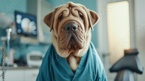 Portrait of a shar pei dog dressed in medical scrubs photo