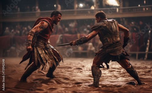 Roman gladiators fighting to the death with swords in the mud inside a coliseum, as part of a circus spectacle. Duel and violence in the history of empires photo