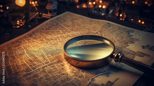 Closeup of a magnifying glass over the urban map of a city at night to find a location. Detective atmosphere, investigation, and pursuit for a police-themed wallpaper photo